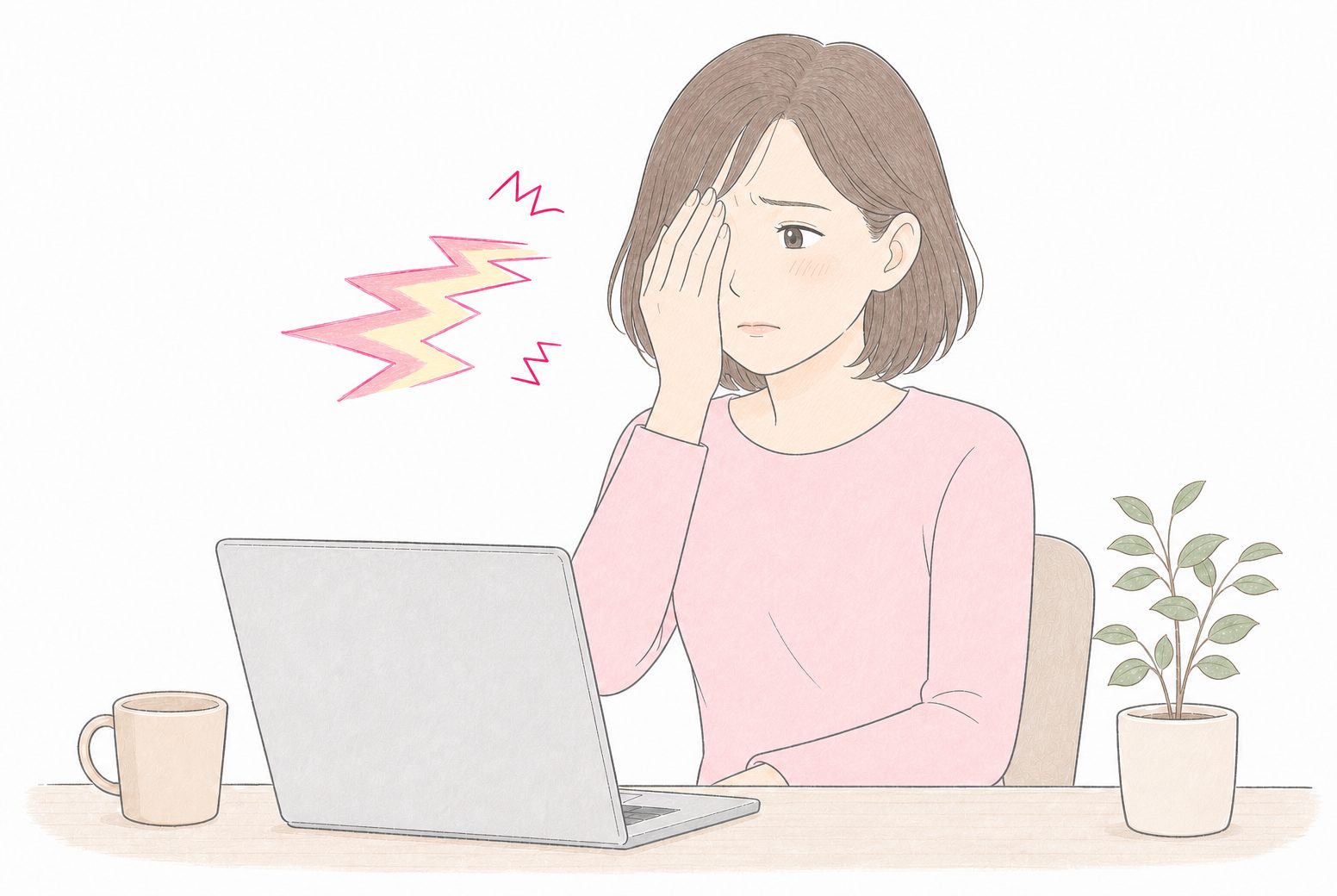 目の前にチカチカした光が見えて片目を押さえる女性のイラスト