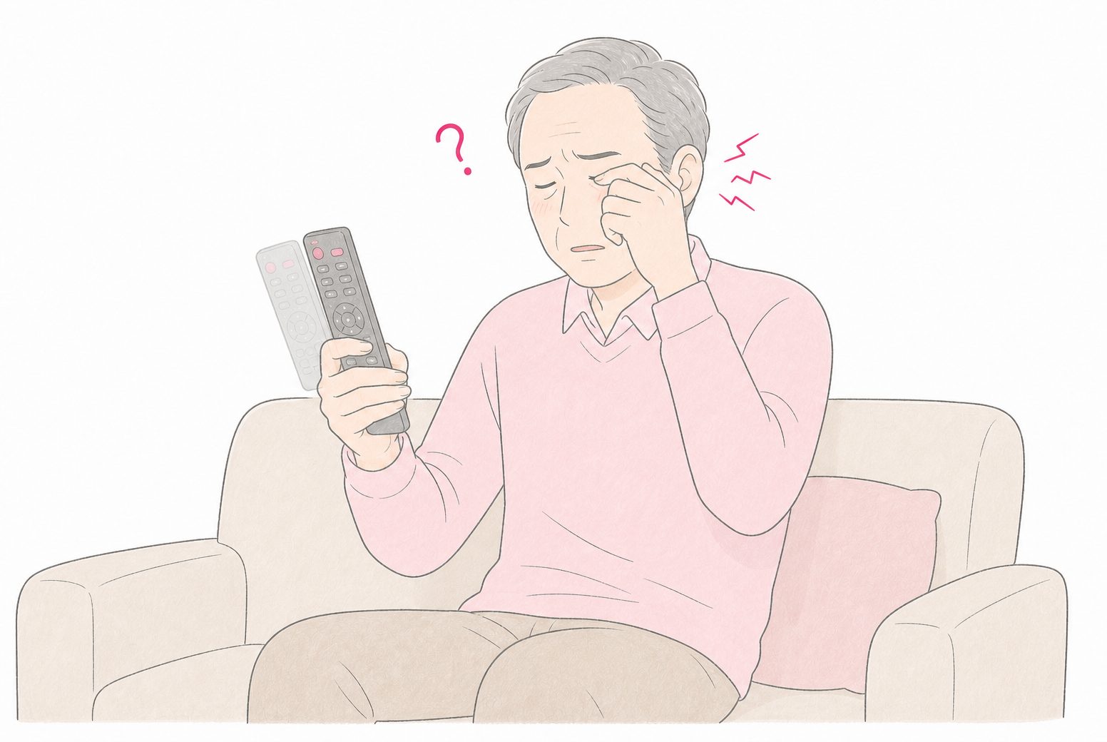 手元のリモコンが二重に見えて目をこする男性のイラスト